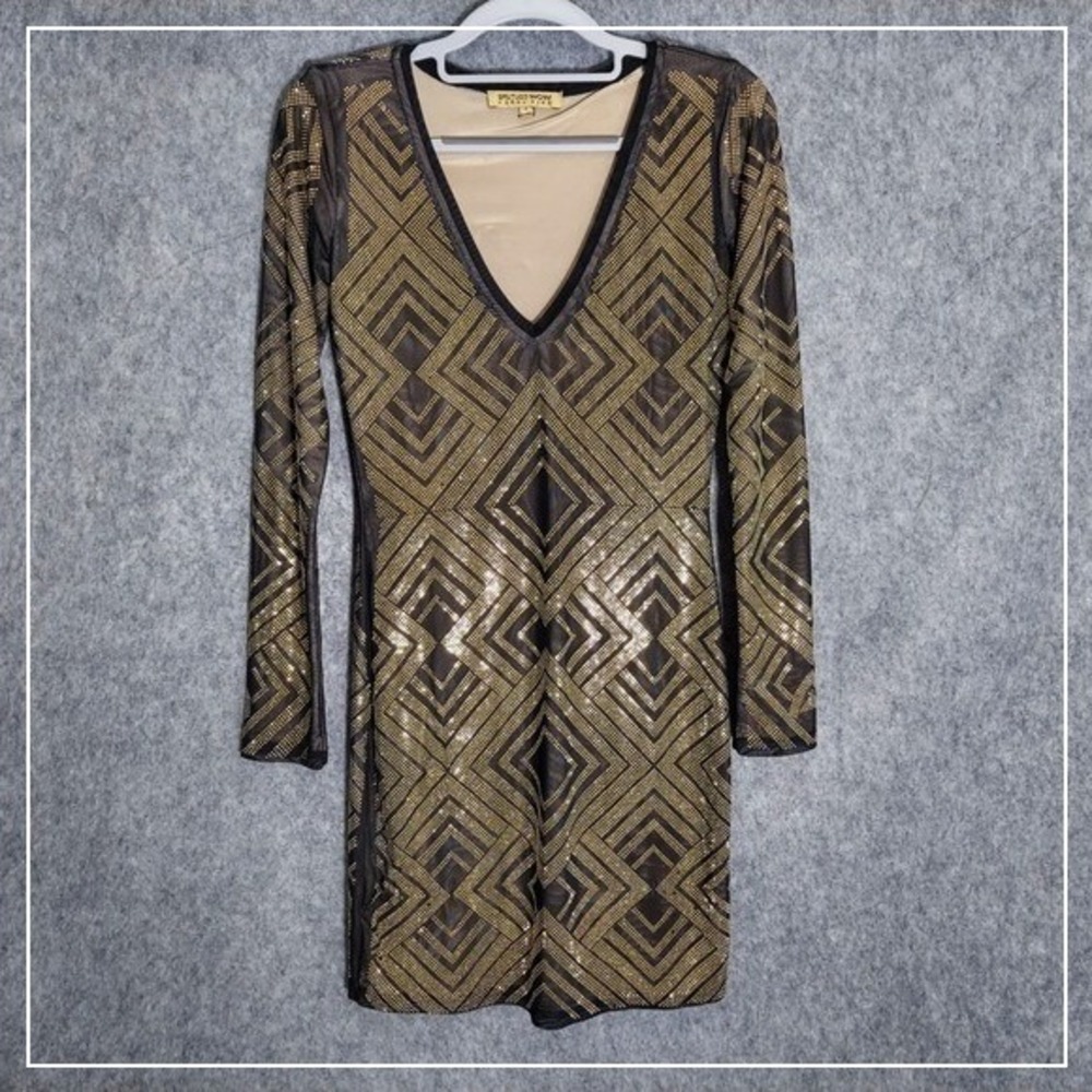 Wow Couture‎ Gold Label Dress S Rhinestone Bodycon Gold Metallic Disco Retro